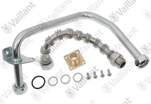 Vaillant Rohrsatz bestehend aus einem gebogenen Metallrohr, flexibler Verbindung, Anschlussstück und Montageschrauben, geeignet für Heizungsanwendungen.